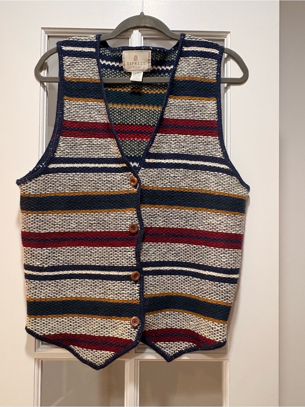 Express Tricot Textured Knit Button Vest in Navy, Cream & Burgundy